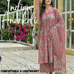 Women's Grey Cotton & Rayon Anarkali Dress | Indian Dress for Women with Palazzo Pant & Dupatta -Salwar Kameez Style | Ethnic Wear