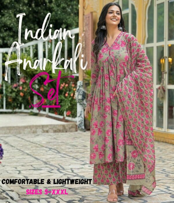 Women's Grey Cotton & Rayon Anarkali Dress | Indian Dress for Women with Palazzo Pant & Dupatta -Salwar Kameez Style | Ethnic Wear