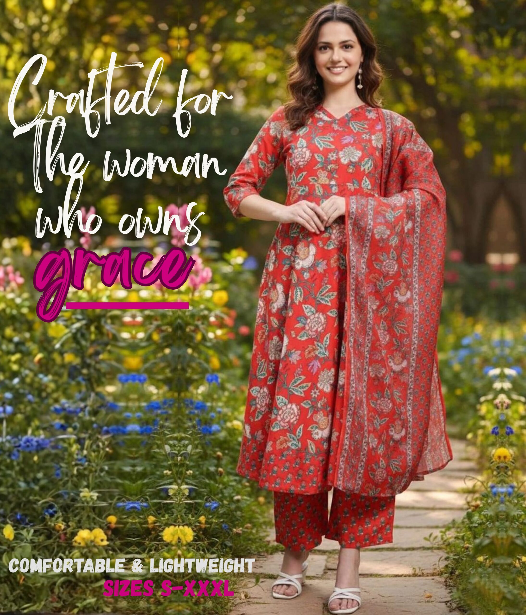 Women's Brick Red Cotton & Rayon Anarkali Dress | Indian Dress for Women with Palazzo Pant & Dupatta -Salwar Kameez Style | Ethnic Wear - Image 2