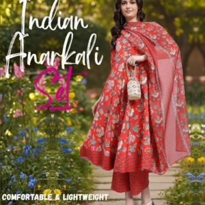 Women's Brick Red Cotton & Rayon Anarkali Dress | Indian Dress for Women with Palazzo Pant & Dupatta -Salwar Kameez Style | Ethnic Wear