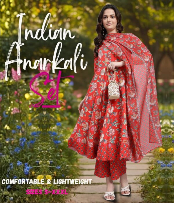 Women's Brick Red Cotton & Rayon Anarkali Dress | Indian Dress for Women with Palazzo Pant & Dupatta -Salwar Kameez Style | Ethnic Wear