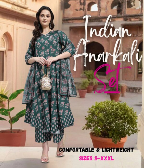 Women's Green Cotton & Rayon Anarkali Dress | Indian Dress for Women with Palazzo Pant & Dupatta -Salwar Kameez Style | Ethnic Wear