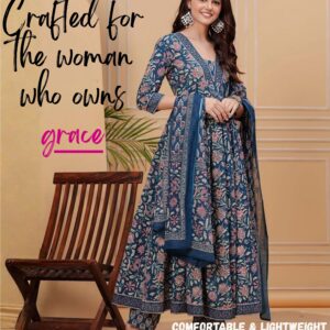 Women's Blue Cotton & Rayon Anarkali Dress | Indian Dress for Women with Palazzo Pant & Dupatta -Salwar Kameez Style | Ethnic Wear