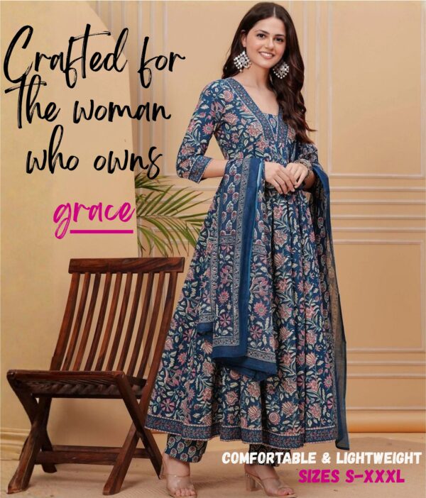 Women's Blue Cotton & Rayon Anarkali Dress | Indian Dress for Women with Palazzo Pant & Dupatta -Salwar Kameez Style | Ethnic Wear